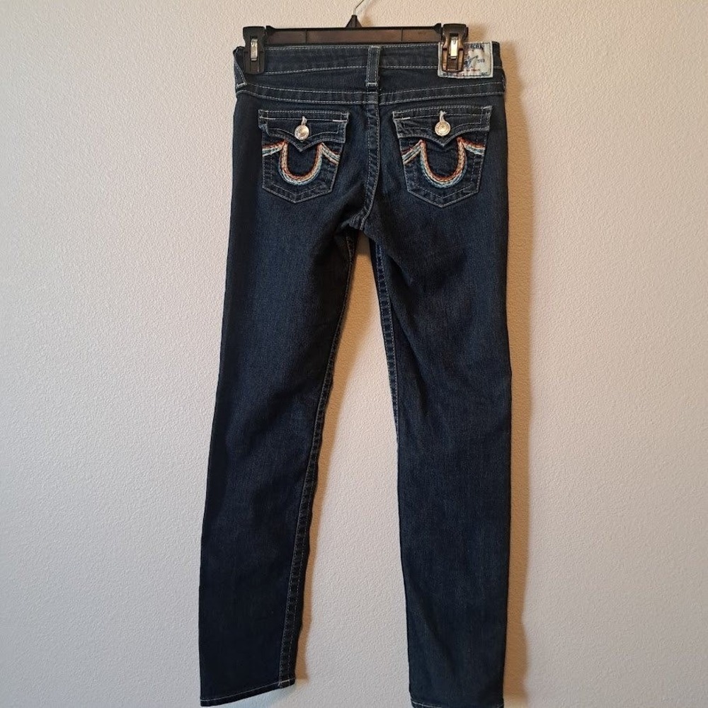 True‎ Religion Girls Skinny Jeans Dark Wash Rainbow Horseshoe Stitch Size 14